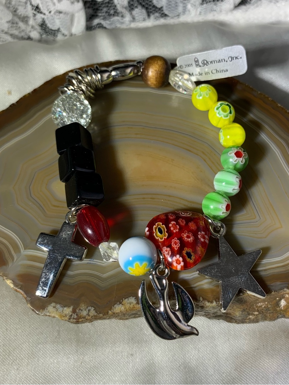 Roman Religious Beaded Bracelet with Cross, Star & Dove Charms New.